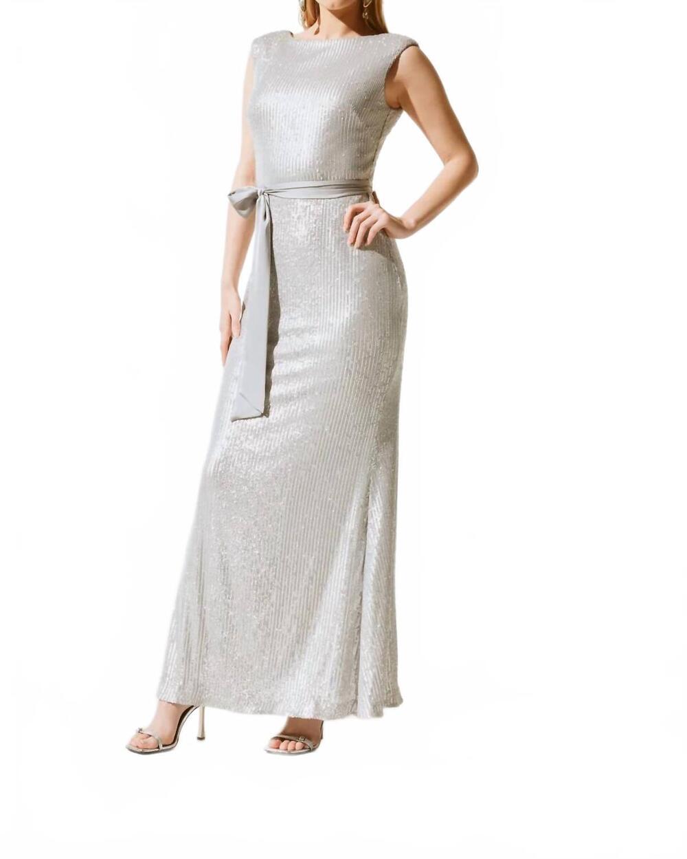 NEW JOSEPH RIBKOFF sequined gown in matte silver